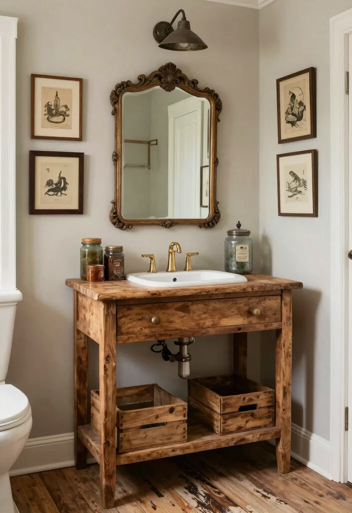 10 Rustic Half Bathroom Ideas with Cozy Character 2. Vintage Accents in the Details 0
