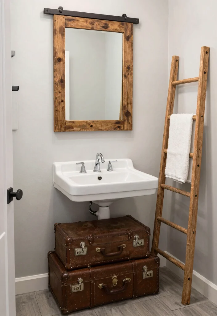 10 Rustic Half Bathroom Ideas with Cozy Character 6. Upcycled Decor for a Unique Touch 0