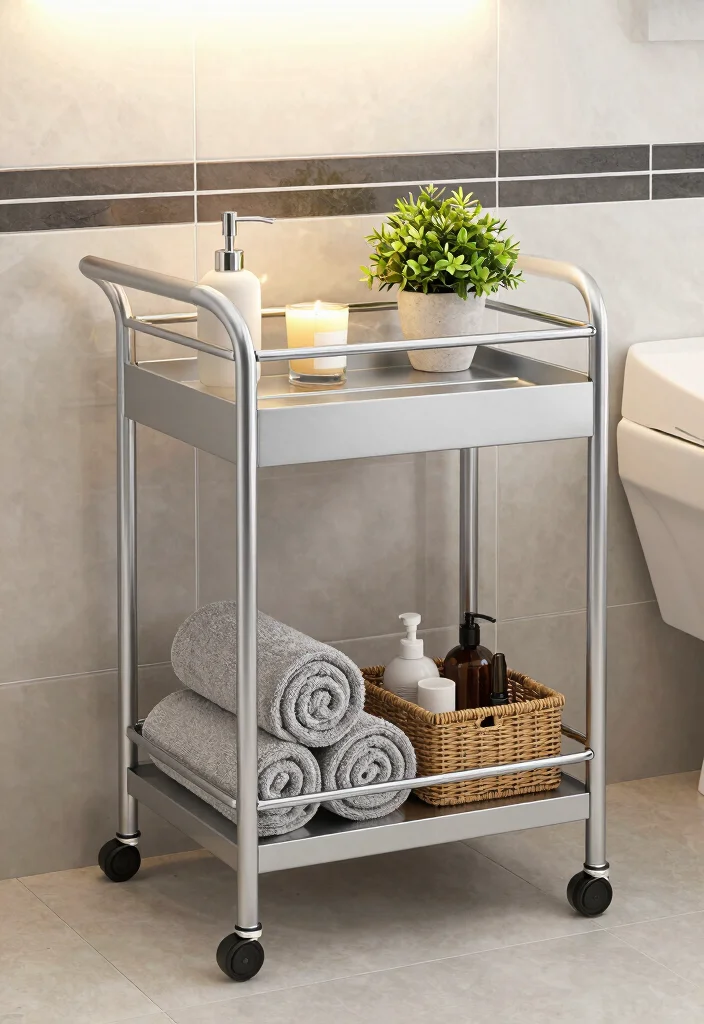 12 Bathroom Cart Ideas for Flexible Storage and Style 12 12 Bathroom Cart Ideas for Flexible Storage and Style 2. Sleek Metal Elegance 0