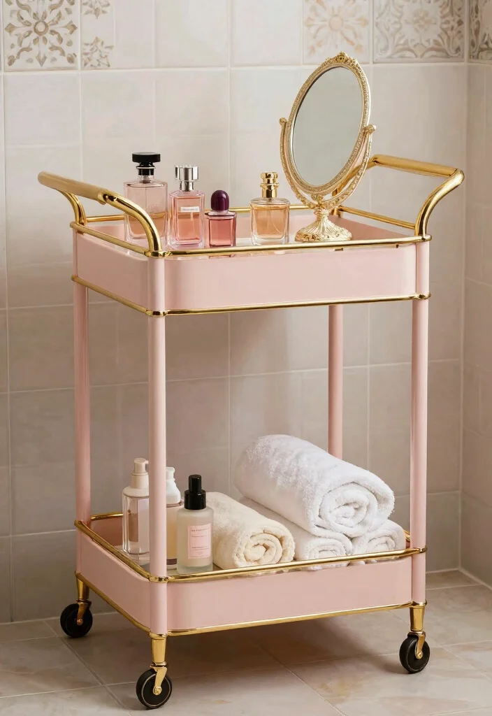 12 Bathroom Cart Ideas for Flexible Storage and Style 13 12 Bathroom Cart Ideas for Flexible Storage and Style 3. Vintage Trolley Glam 0