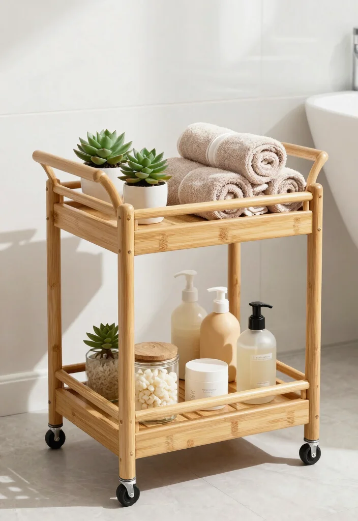 12 Bathroom Cart Ideas for Flexible Storage and Style 14 12 Bathroom Cart Ideas for Flexible Storage and Style 4. Eco Friendly Bamboo Bliss 0