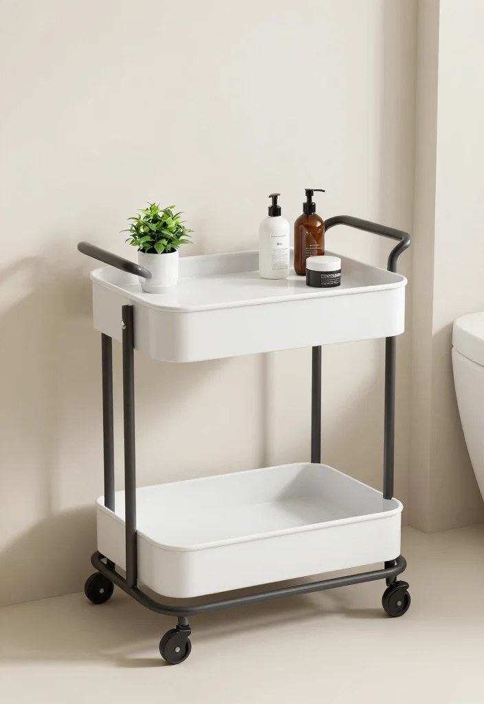 12 Bathroom Cart Ideas for Flexible Storage and Style 26 12 Bathroom Cart Ideas for Flexible Storage and Style 6. Minimalist Magic 0