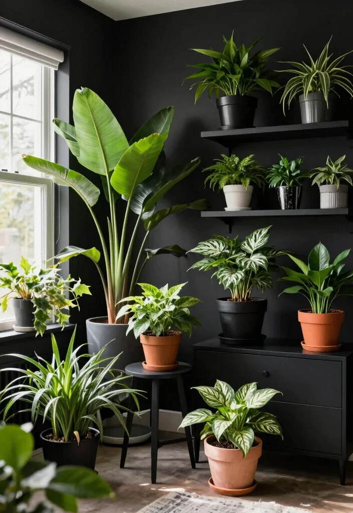 12 Black Living Room Decor Ideas with Modern Edge 7. Greenery and Plants 0