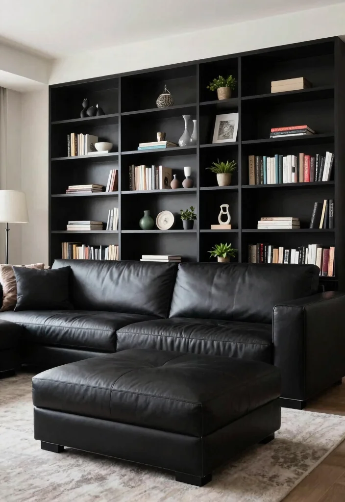 12 Black Living Room Decor Ideas with Modern Edge 9. Stylish Storage Solutions 0