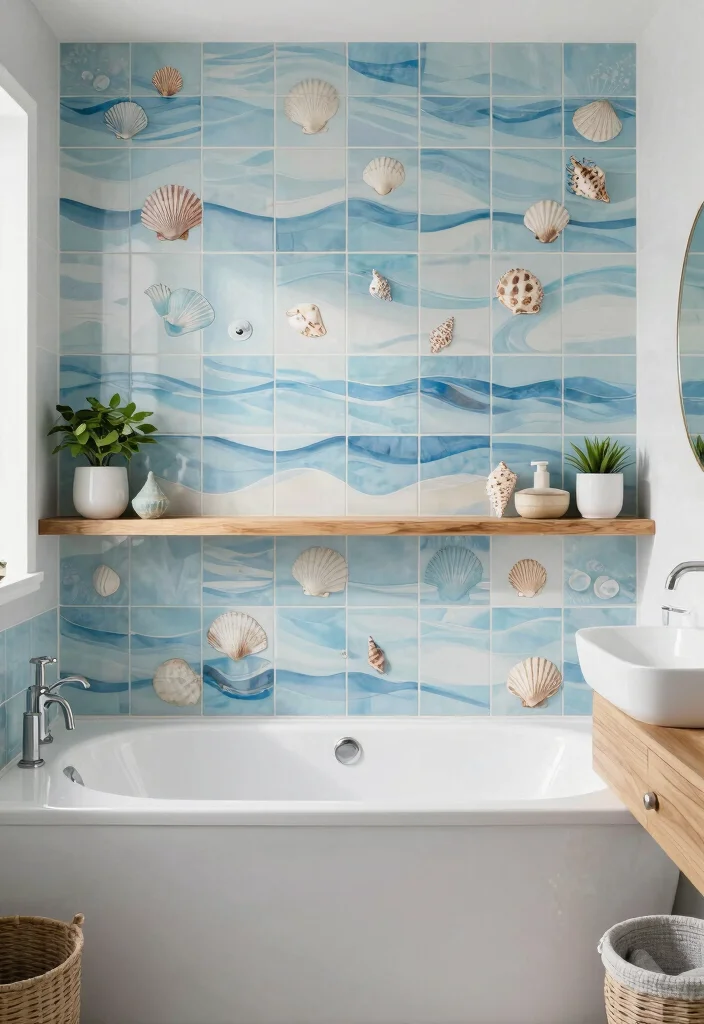 12 Blue Bathroom Tile Ideas for a Fresh Clean Finish 6. Coastal Print Tiles 0