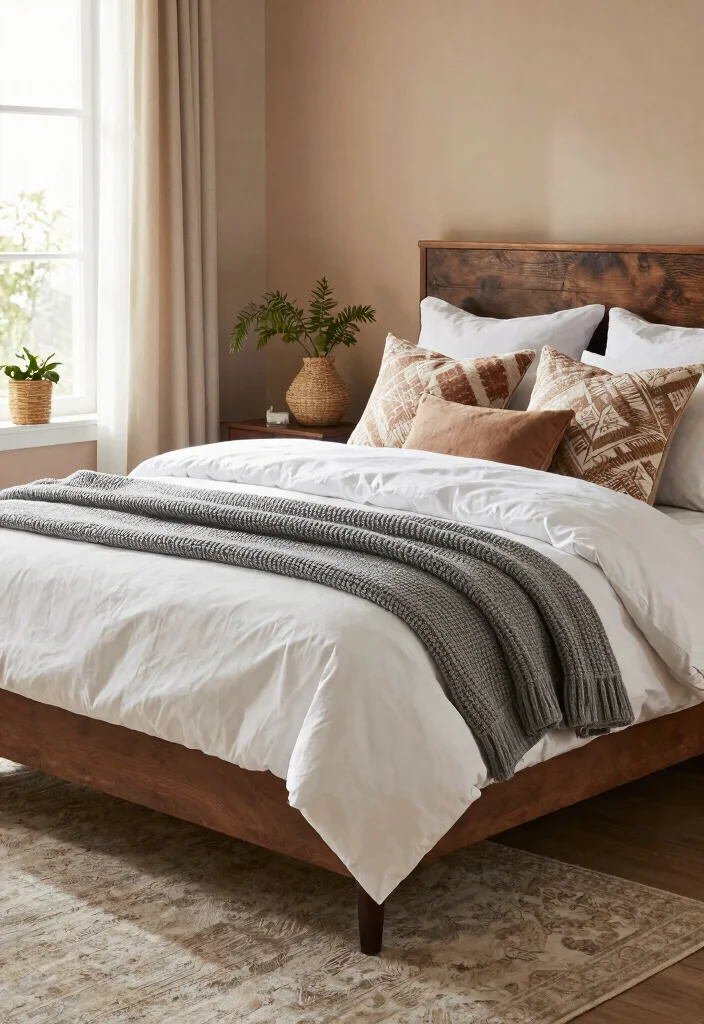 12 Brown Bed Frame Bedroom Ideas for Warm Styling 1. Embrace Multi Layered Textures 0