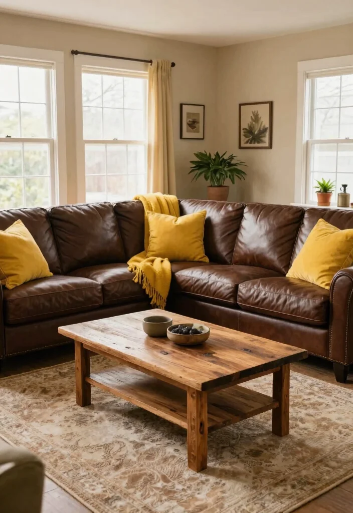 12 Brown and Yellow Living Room Ideas with Warm Energy 1. Cozy Leather Sectional with Vibrant Accents 0