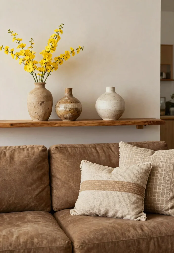 12 Brown and Yellow Living Room Ideas with Warm Energy 11. Sustainable Decor Accessories 0