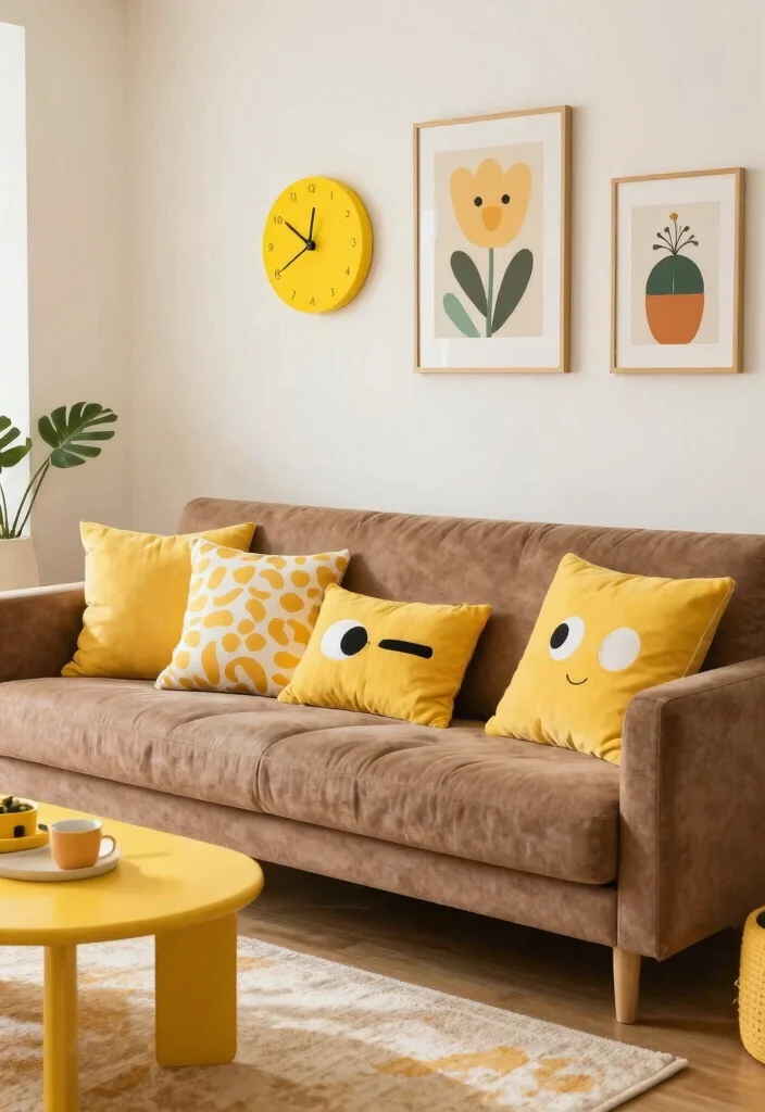 12 Brown and Yellow Living Room Ideas with Warm Energy 12. Fun and Playful Yellow Accessories 0