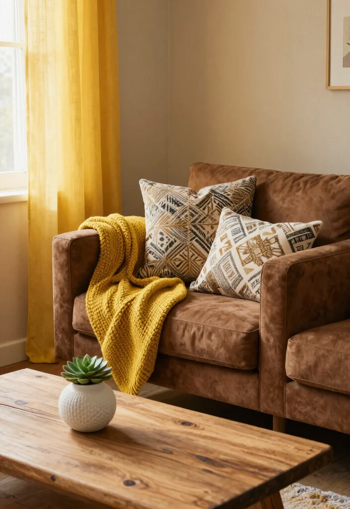 12 Brown and Yellow Living Room Ideas with Warm Energy 2. Earthy Tones with Textured Fabrics 0