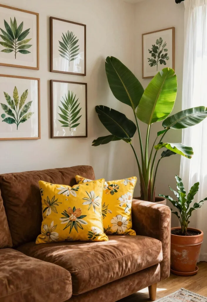 12 Brown and Yellow Living Room Ideas with Warm Energy 3. Botanical Print Accents 0