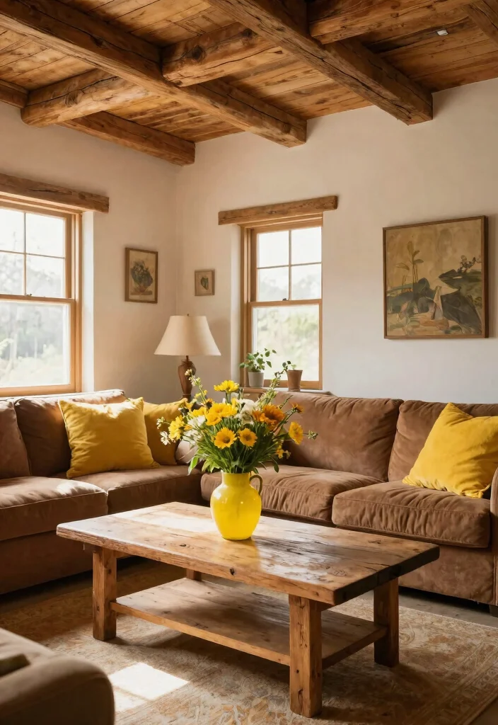 12 Brown and Yellow Living Room Ideas with Warm Energy 4. Rustic Wood and Yellow Accents 0