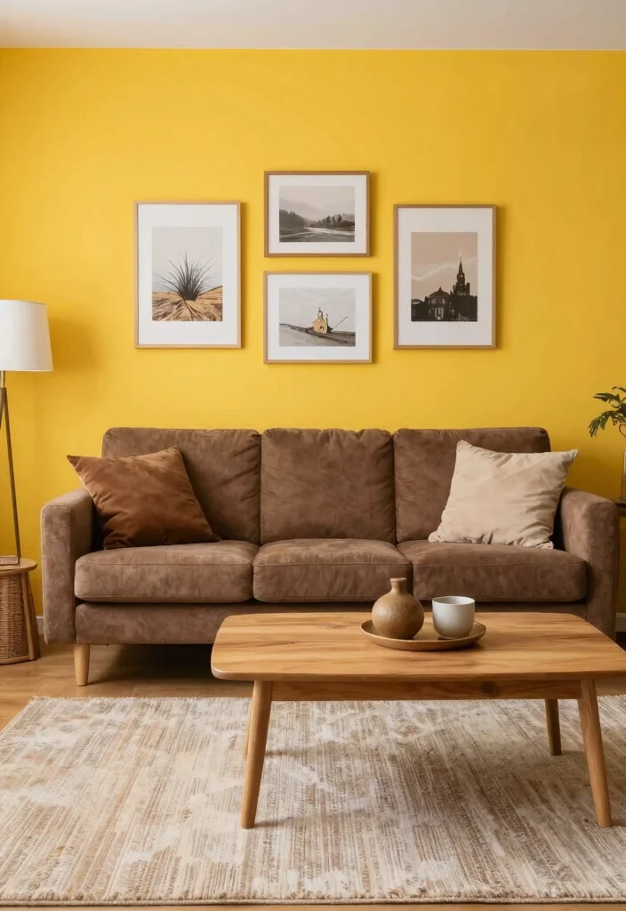 12 Brown and Yellow Living Room Ideas with Warm Energy 5. Yellow Accent Wall with Brown Decor 0