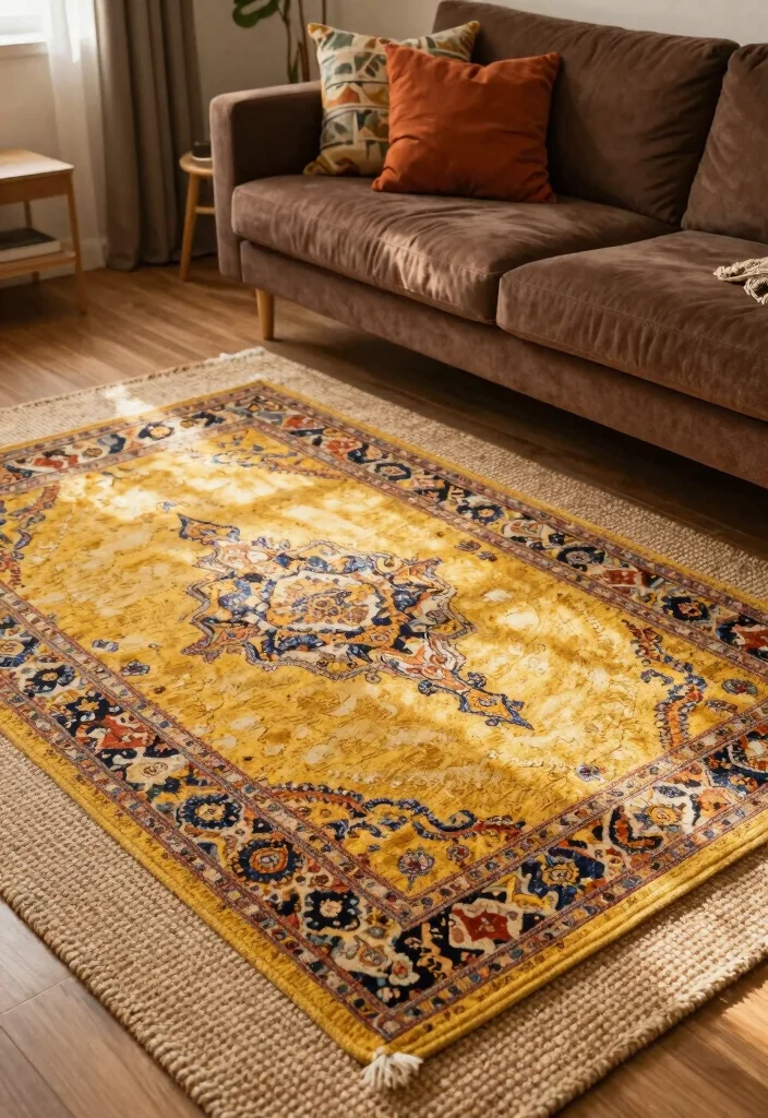 12 Brown and Yellow Living Room Ideas with Warm Energy 7. Layering Rugs for Warmth 0