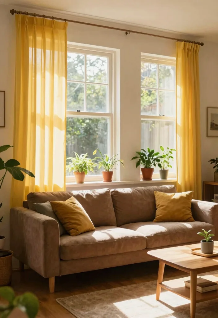 12 Brown and Yellow Living Room Ideas with Warm Energy 8. Natural Lighting and Window Treatments 0