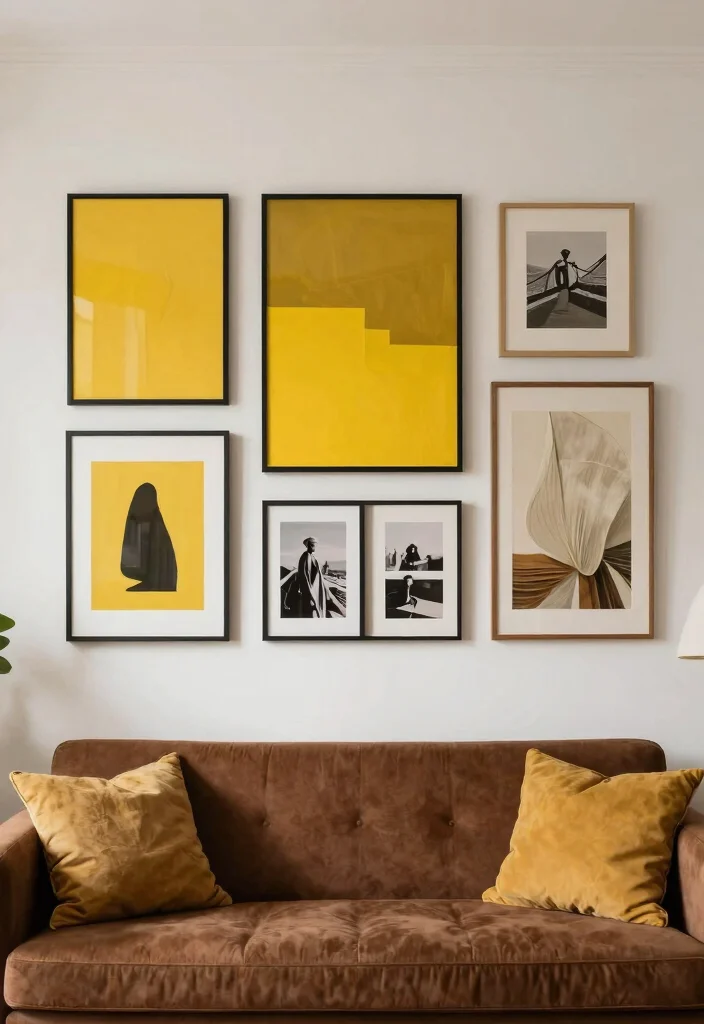 12 Brown and Yellow Living Room Ideas with Warm Energy 9. Incorporating Yellow Accents in Artwork 0