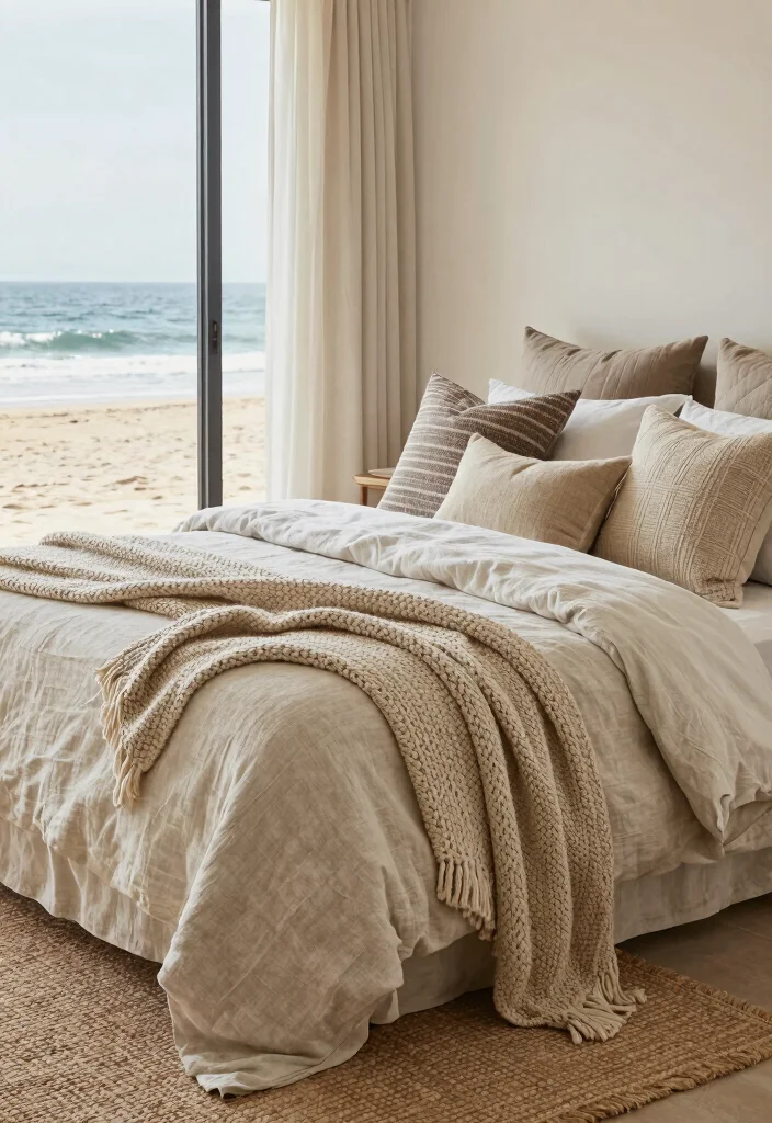 12 Coastal Beach Bedroom Ideas with Relaxed Style 5. Textured Fabrics 0