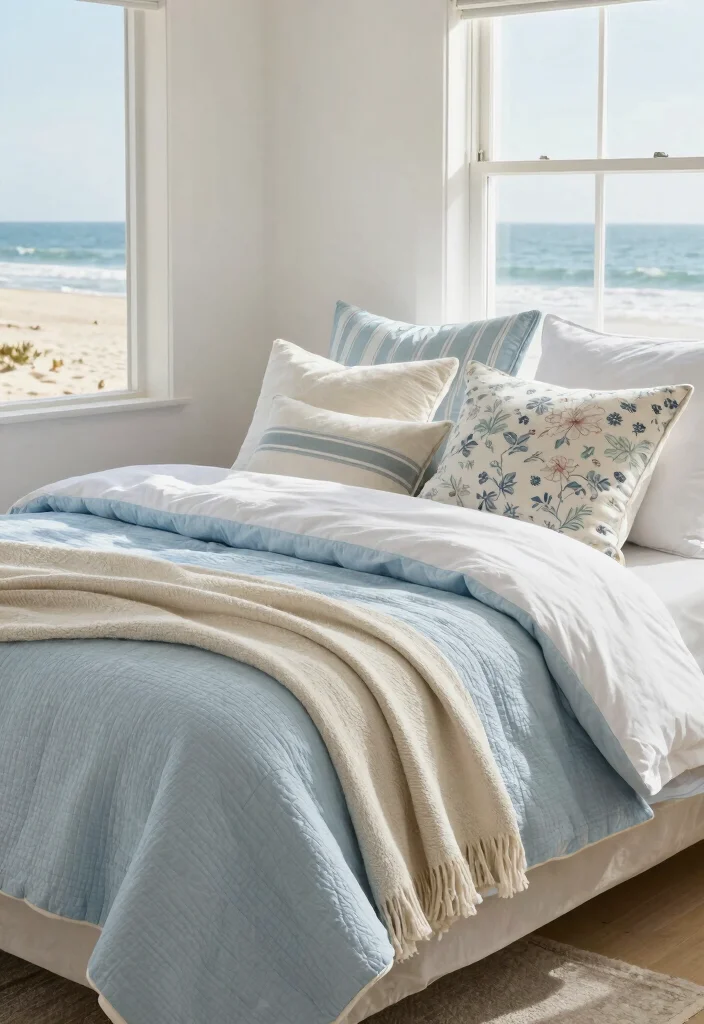 12 Coastal Beach Bedroom Ideas with Relaxed Style 7. Coastal Inspired Bedding 0