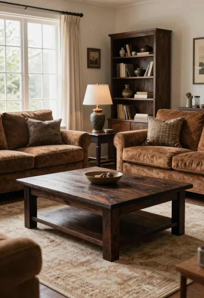 12 Dark Brown Living Room Decorating Ideas with Warmth 1. Embrace Dark Wood Furniture 0