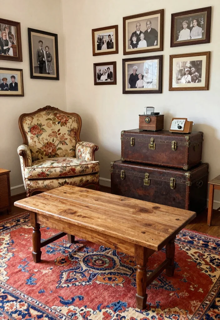 12 Farmstyle Living Room Ideas with Cozy Details 2. Vintage Furniture Finds 0