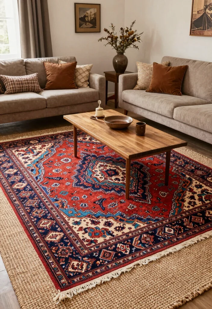 12 Farmstyle Living Room Ideas with Cozy Details 5. Layered Rugs 0