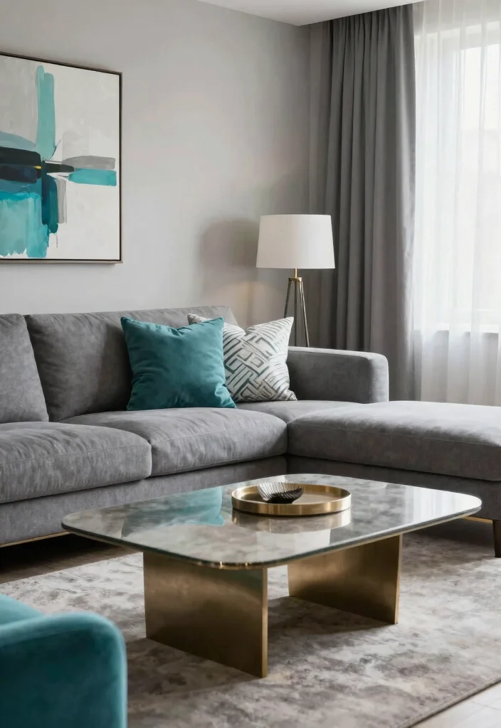 12 Gray Living Room Ideas with a Pop of Color 1. Bold Turquoise Accents 0