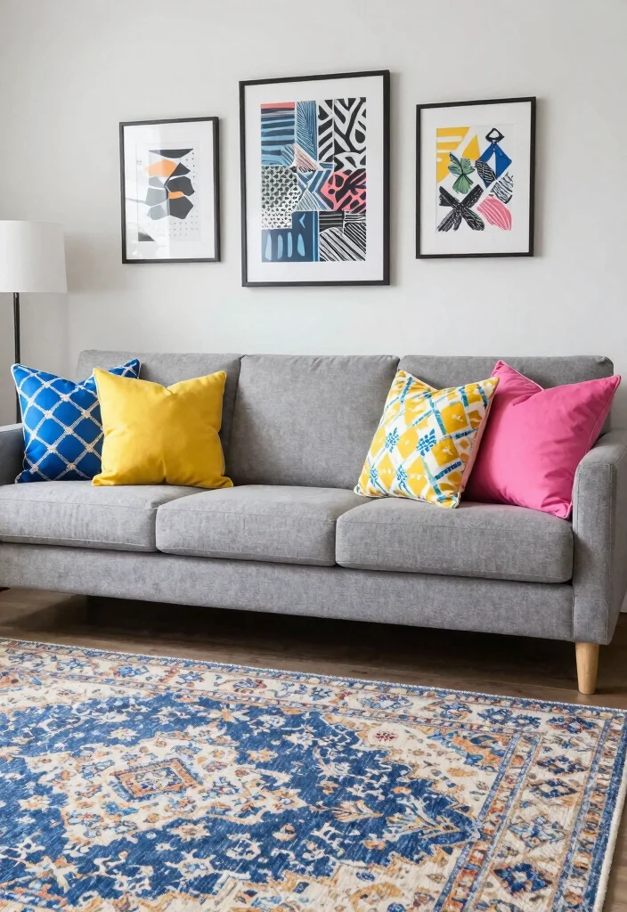12 Gray Living Room Ideas with a Pop of Color 11. Mixed Patterns for Playfulness 0