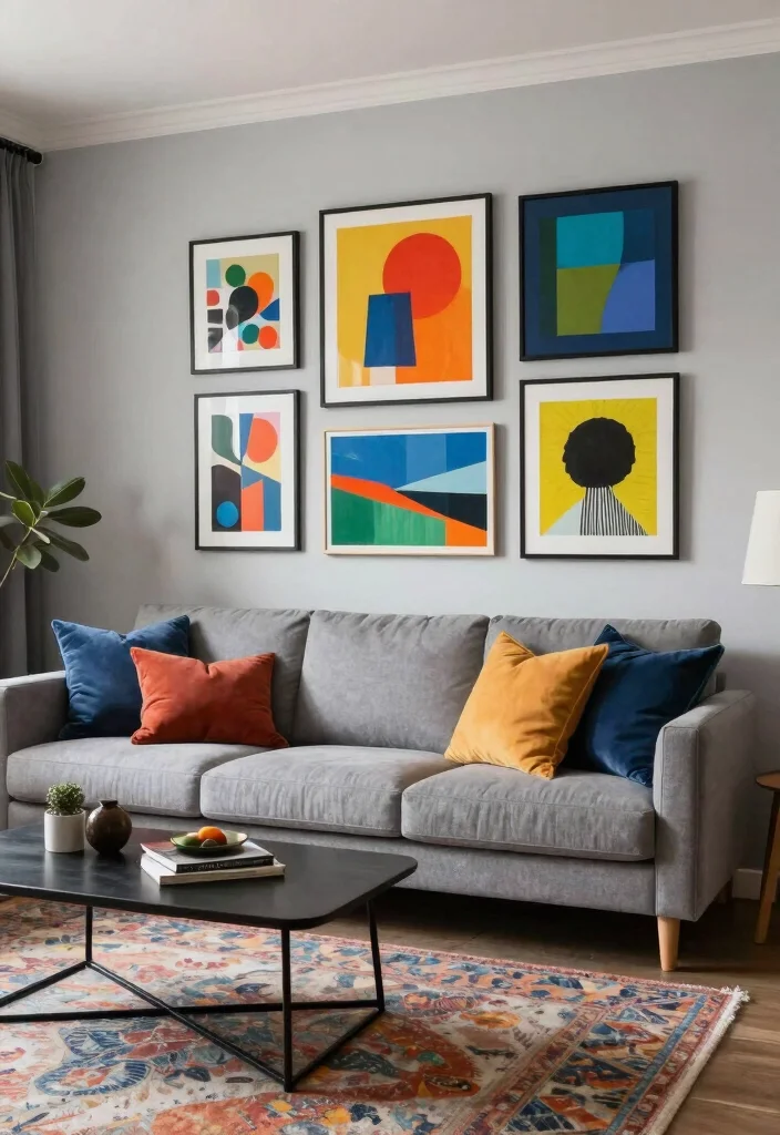 12 Gray Living Room Ideas with a Pop of Color 12. Unique Artistic Touches 0