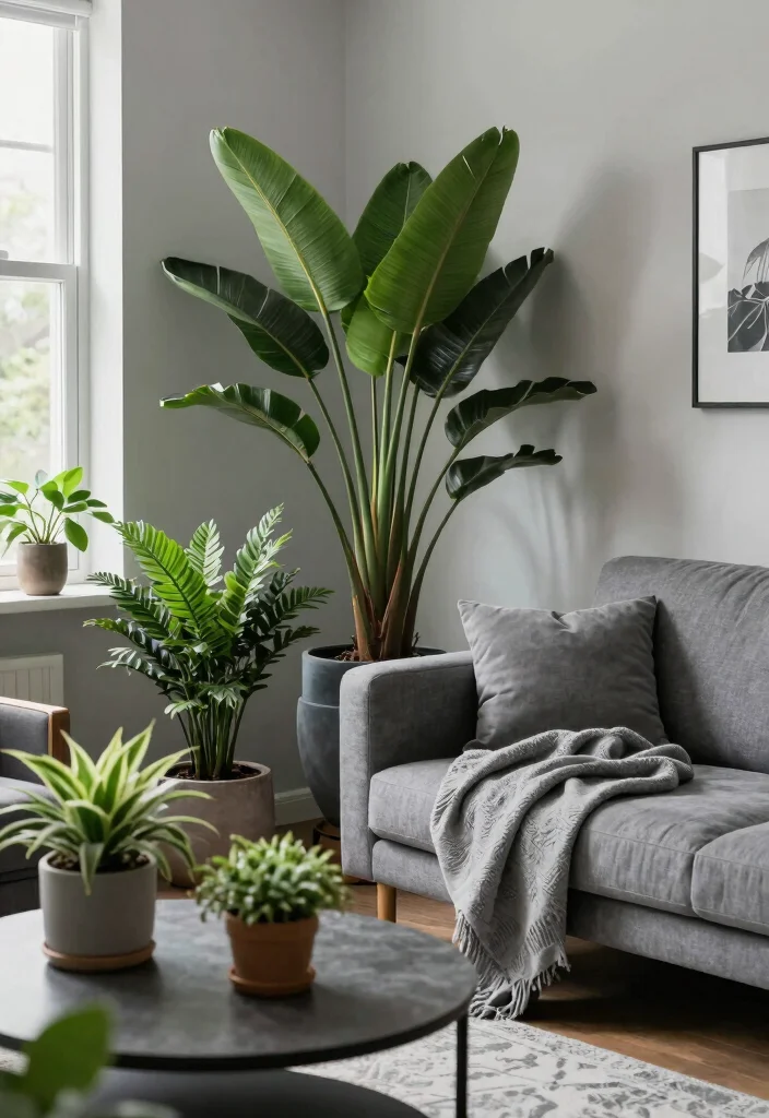 12 Gray Living Room Ideas with a Pop of Color 4. Vibrant Greenery 0