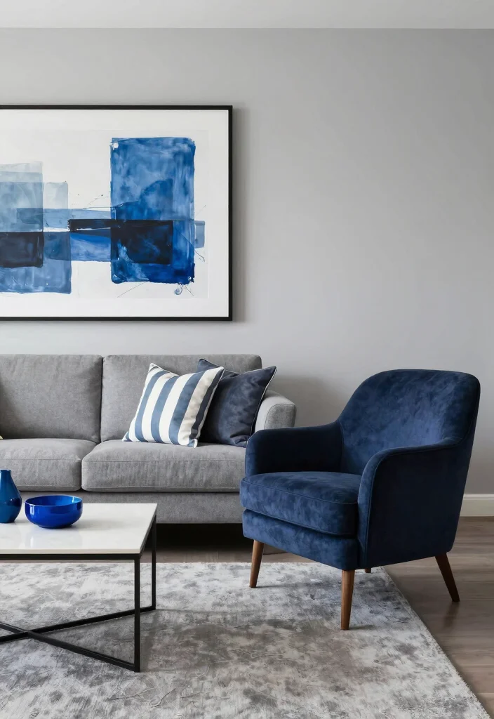12 Gray Living Room Ideas with a Pop of Color 7. Beautiful Blue Touches 0