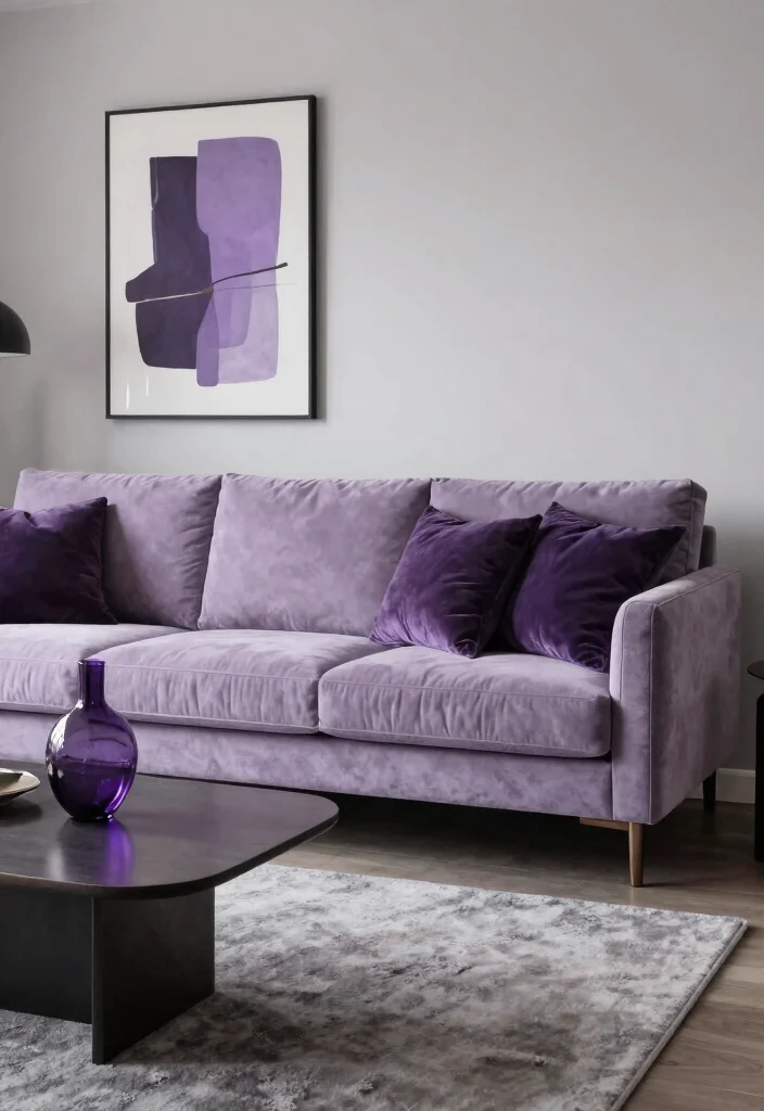 12 Gray Living Room Ideas with a Pop of Color 8. Rich Purple Highlights 0