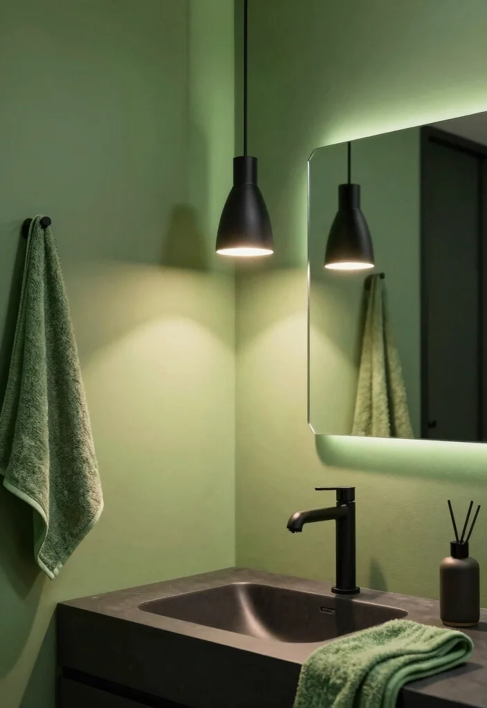 12 Green and Black Bathroom Ideas with Bold Balance 11. Green and Black Lighting Fixtures 0