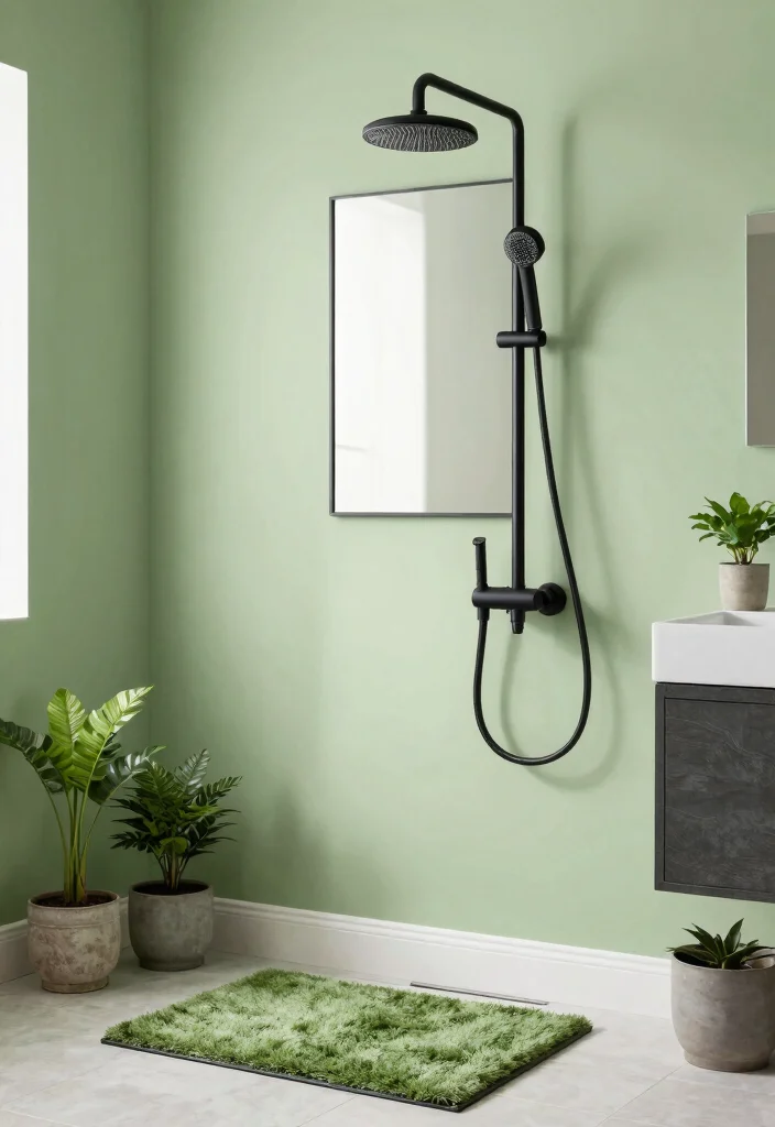 12 Green and Black Bathroom Ideas with Bold Balance 2. Black Fixtures with Green Accents 0