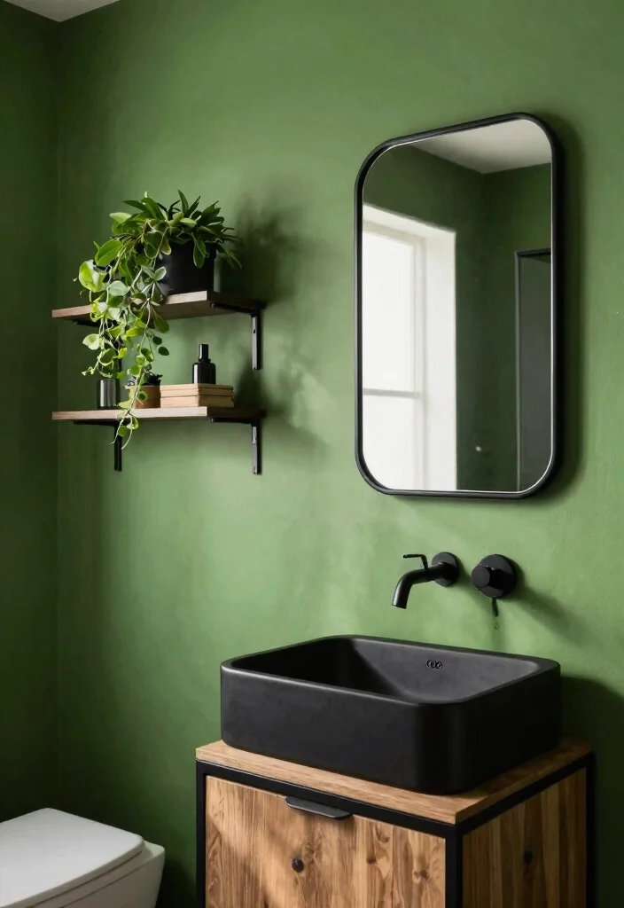 12 Green and Black Bathroom Ideas with Bold Balance 3. Green Accent Wall with Black Monochrome Elements 0