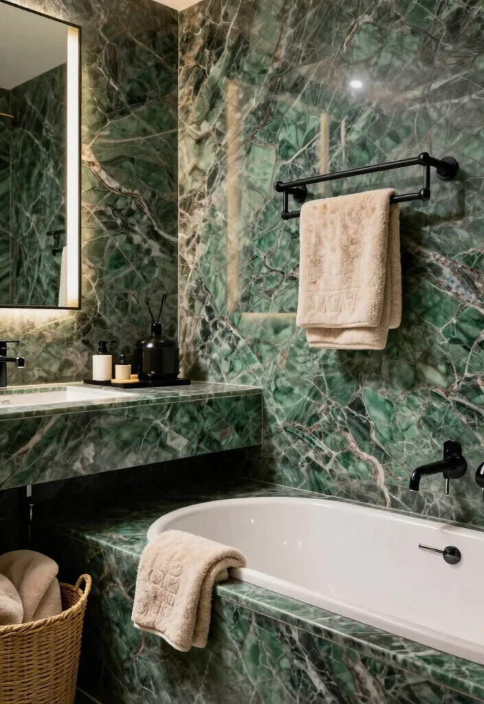 12 Green and Black Bathroom Ideas with Bold Balance 4. Luxurious Green Marble with Black Accessories 0