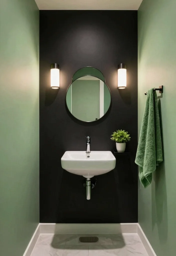 12 Green and Black Bathroom Ideas with Bold Balance 5. Bold Black Wall with Subtle Green Decor 0