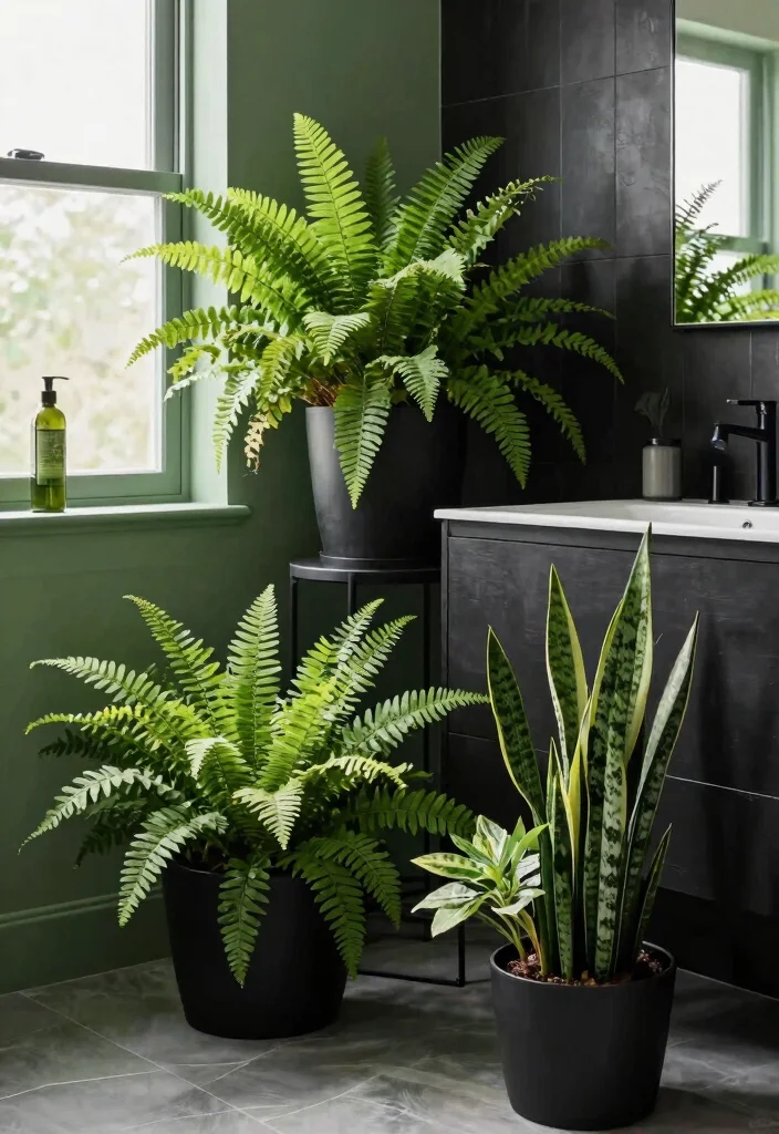 12 Green and Black Bathroom Ideas with Bold Balance 6. Green Plants as Bathroom Statement Pieces 0