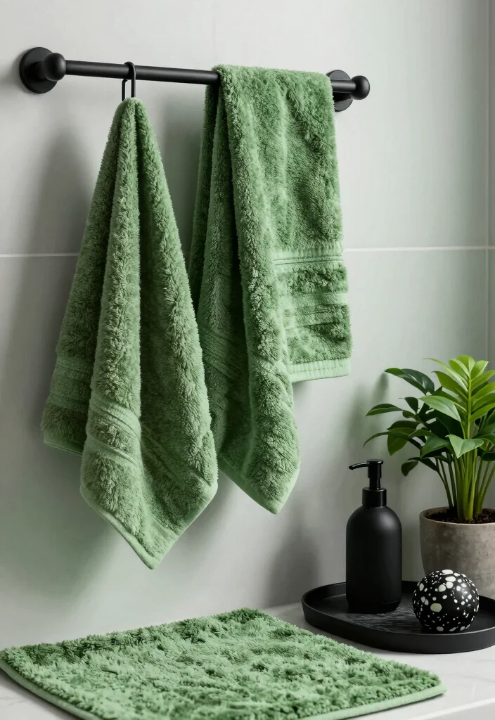 12 Green and Black Bathroom Ideas with Bold Balance 7. Monochrome Green and Black Accessories 0