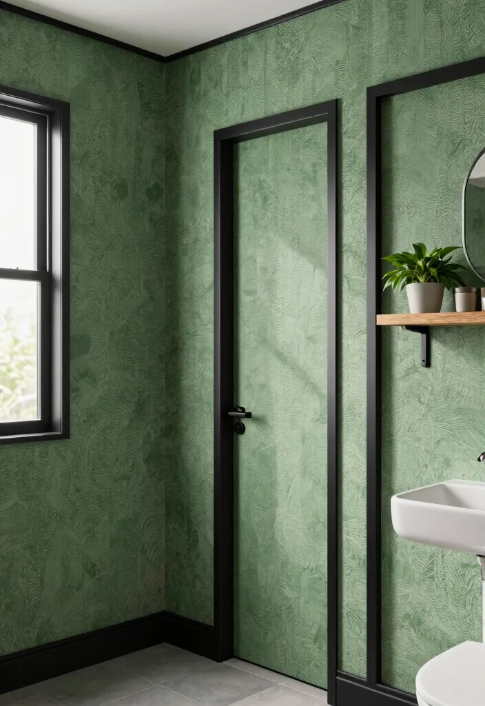 12 Green and Black Bathroom Ideas with Bold Balance 8. Textured Green Wallpaper with Black Trim 0