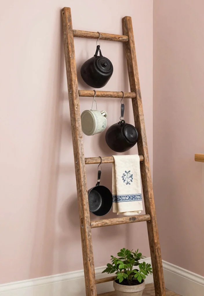 12 Kitchen Rack and Shelf Ideas for Organized Storage 24 12 Kitchen Rack and Shelf Ideas for Organized Storage 4. Vintage Ladder Rack 0