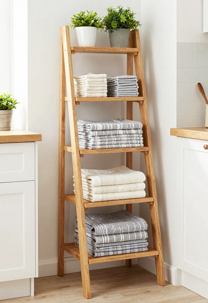12 Kitchen Towel Storage Ideas for Easy Access 51 12 Kitchen Towel Storage Ideas for Easy Access 11. Ladder Shelving Units 0