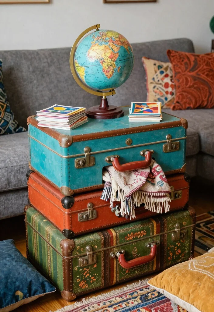 12 Living Room Table Ideas for Practical Decor 3. Vintage Suitcase Table 0