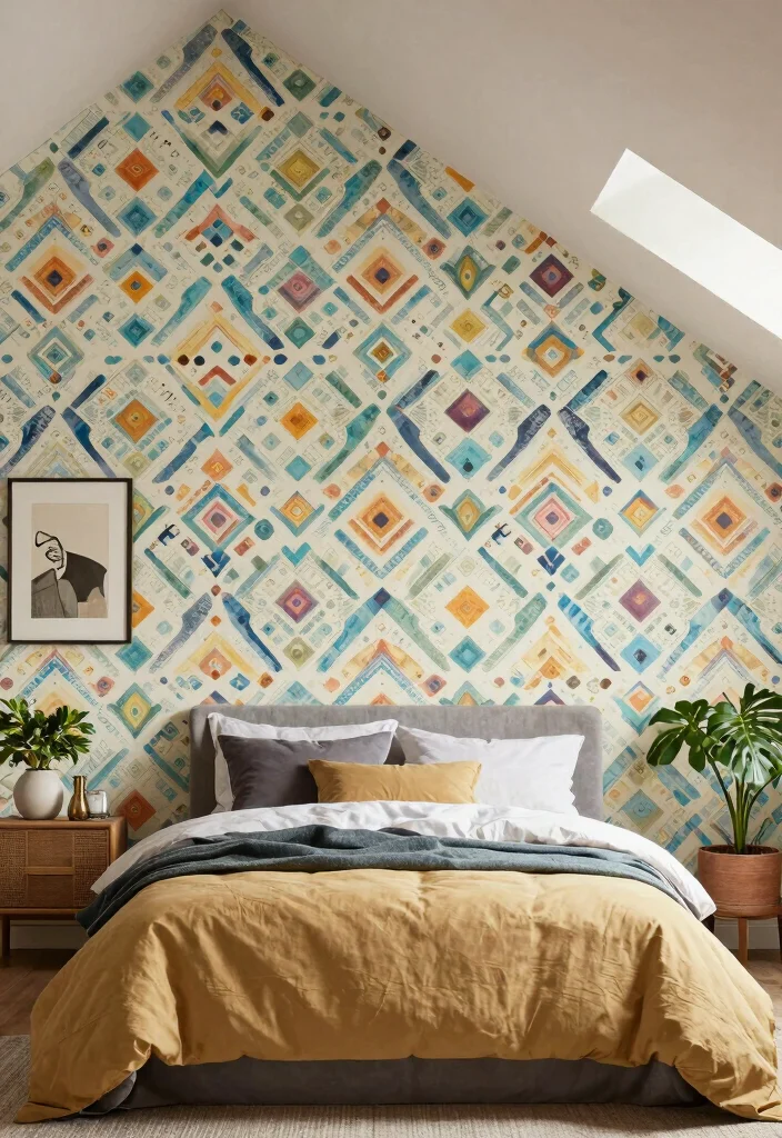 12 Master Attic Bedroom Ideas with Sloped Ceilings 14 12 Master Attic Bedroom Ideas with Sloped Ceilings 4. Incorporate Fun Wallpaper 0