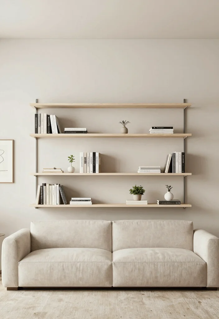 12 Men Living Room Ideas with Clean Masculine Style 3. Minimalist Shelving 0