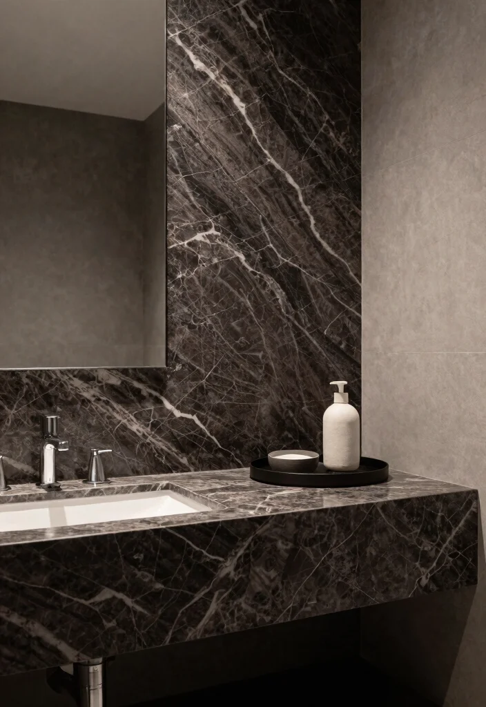 12 Modern Dark Bathroom Ideas with Dramatic Style 10. Dark Marble Surfaces 0