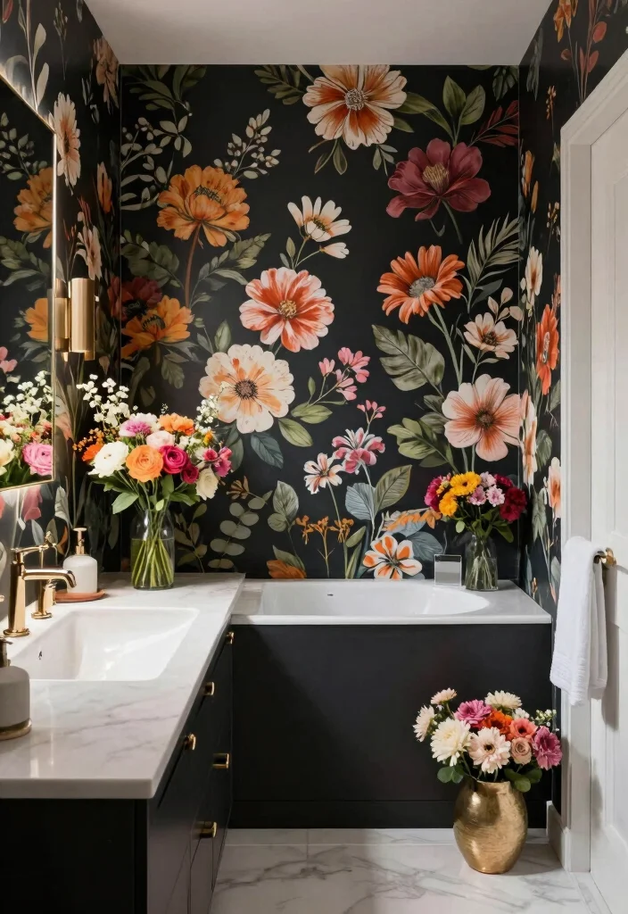 12 Modern Dark Bathroom Ideas with Dramatic Style 11. Dramatic Floral Accents 0