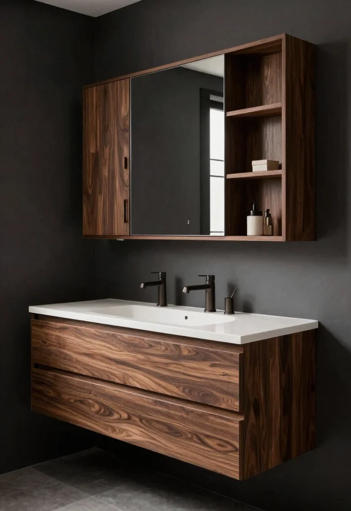 12 Modern Dark Bathroom Ideas with Dramatic Style 8. Dark Wood Accents 0