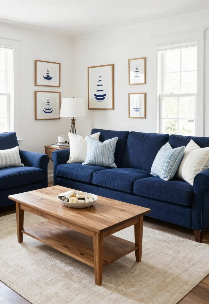 12 Navy Sofa Living Room Ideas with Classic Appeal 1. Classic Navy and White Elegance 0