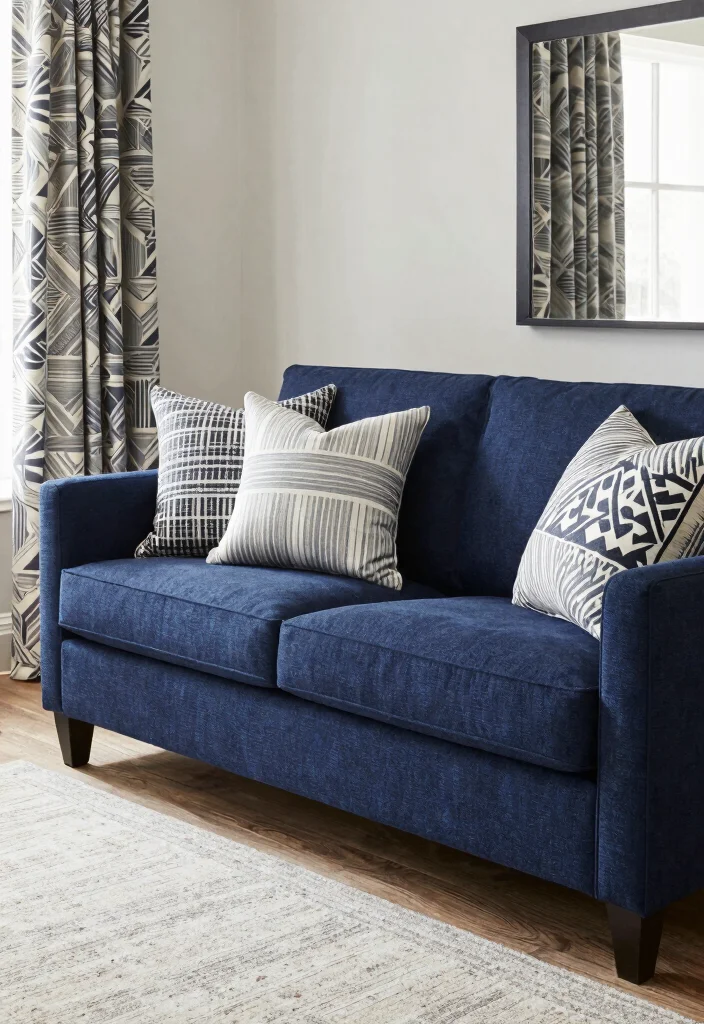 12 Navy Sofa Living Room Ideas with Classic Appeal 10. Subtle Patterns 0