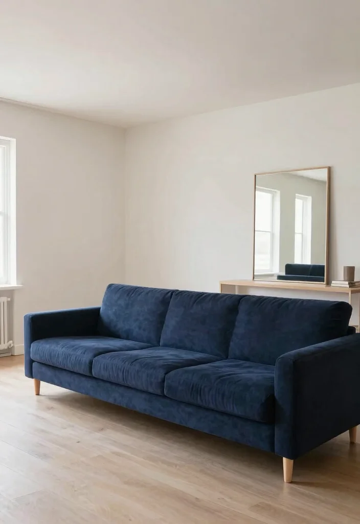 12 Navy Sofa Living Room Ideas with Classic Appeal 11. Open and Airy Spaces 0